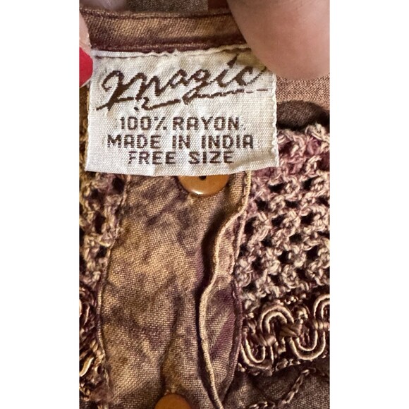 VTG Embroidered Maxi Dress  Free Size Button Front Rayon Tie Fringe Boho Cottage - Picture 3 of 13